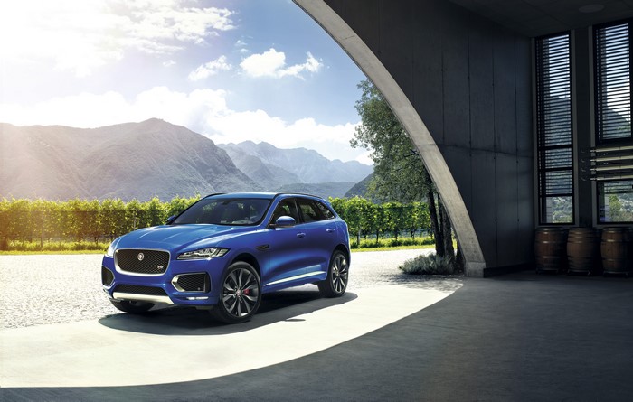 Blue Jaguar F-Pace S in a Vineyard