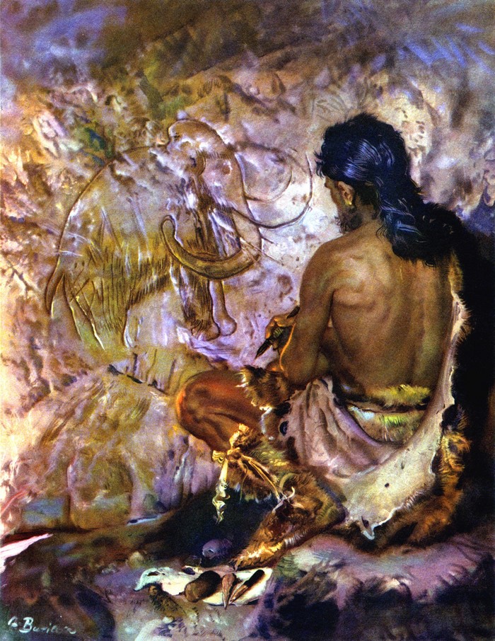 Prehistoric man carving a mammoth on a cave wall