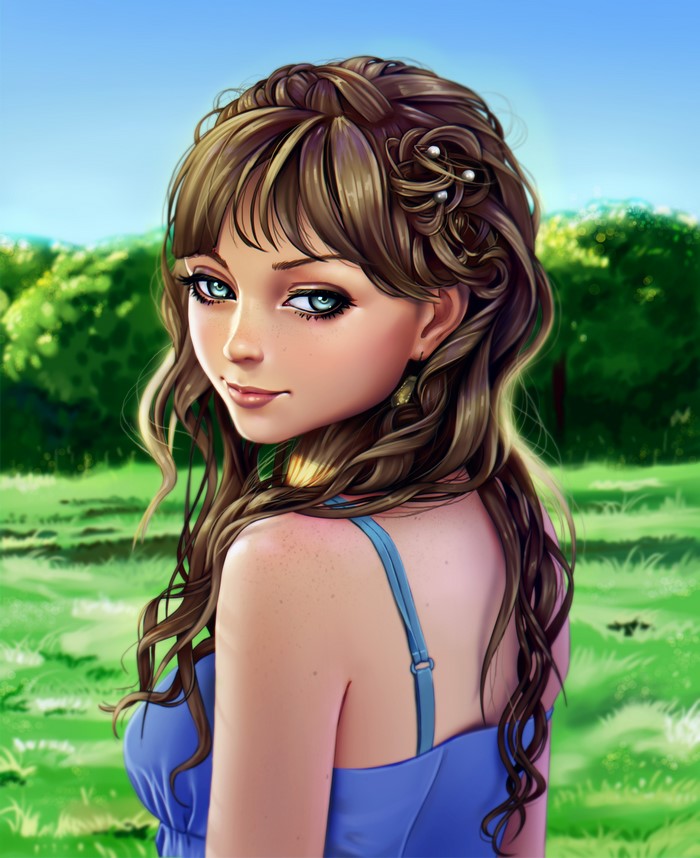 Brown haired girl with blue eyes in a blue dress