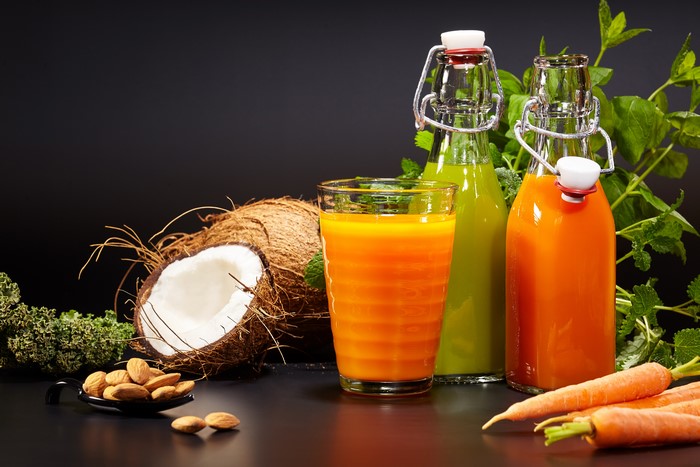 Juice, Coconuts, Carrots, Nuts, Bottles, Highball Glass
