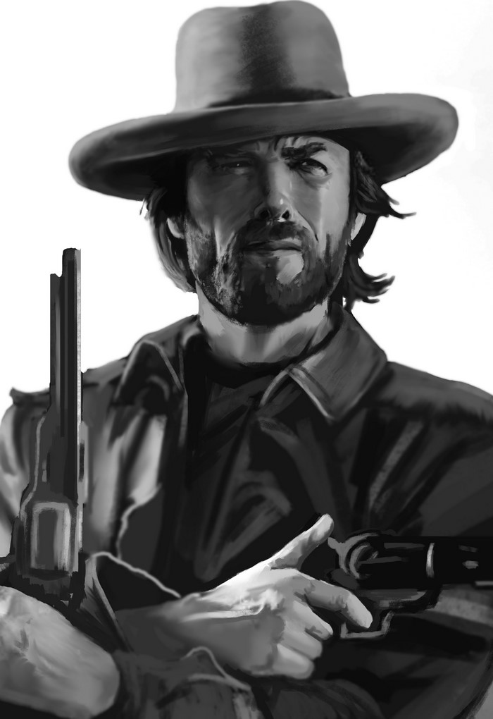 Man in hat with pistols, black and white painting