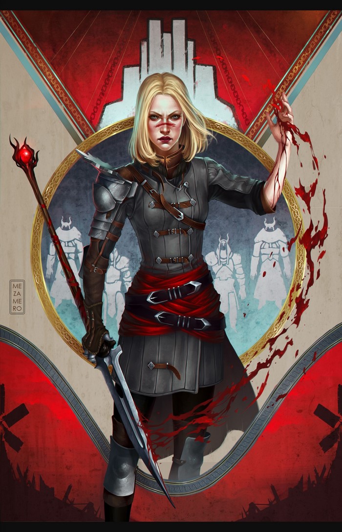 Mia Hawke from Dragon Age with a bloody staff and sword