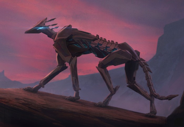 Robot dog on a log at sunset