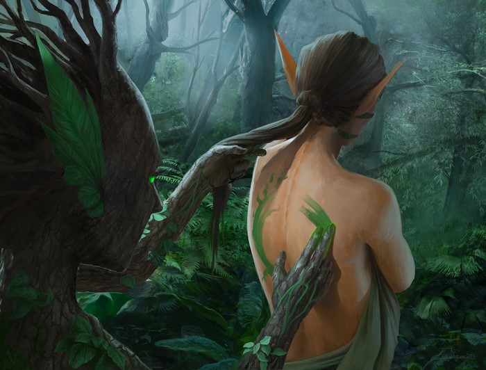 Tree creature painting green symbols on an elf's back