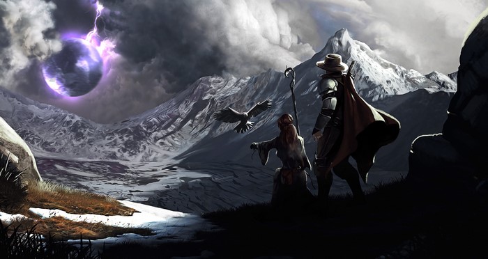 Fantasy landscape with a mystical orb and adventurers