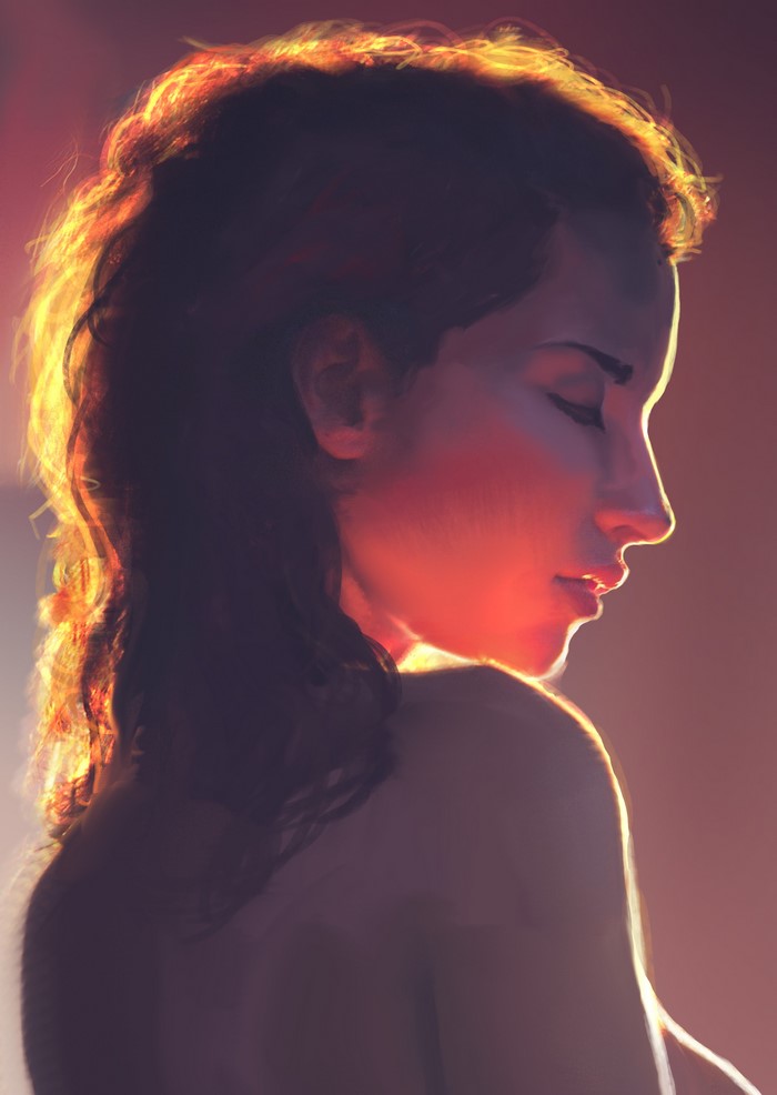 Painting of a woman with brown hair in warm light