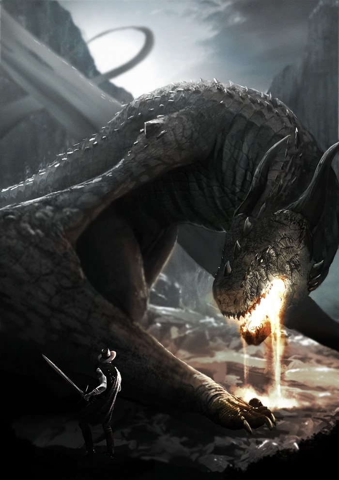 Dragon breathing fire at a warrior with a sword