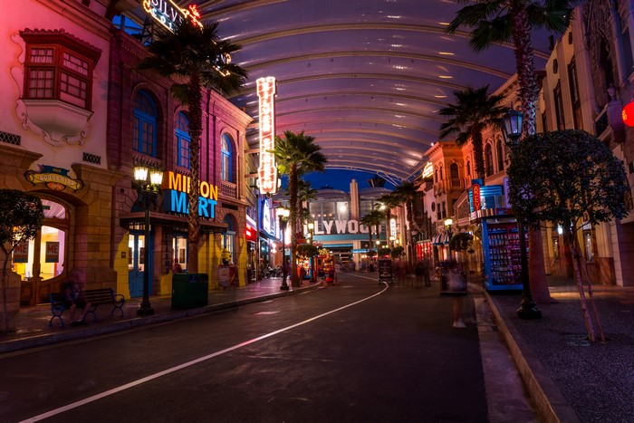 Street scene in Hollywood with palm trees at night