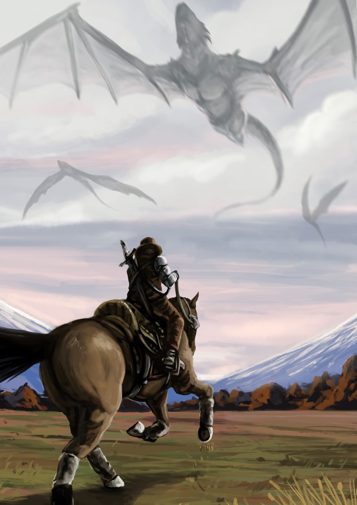 Cowboy on horse facing dragons in the sky