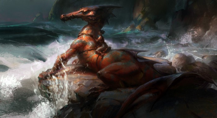 Dragon-like creature on a rocky coast with waves