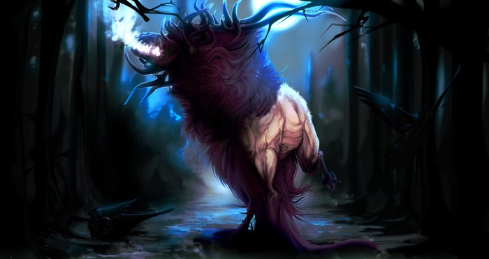 Monster breathing fire in a dark forest