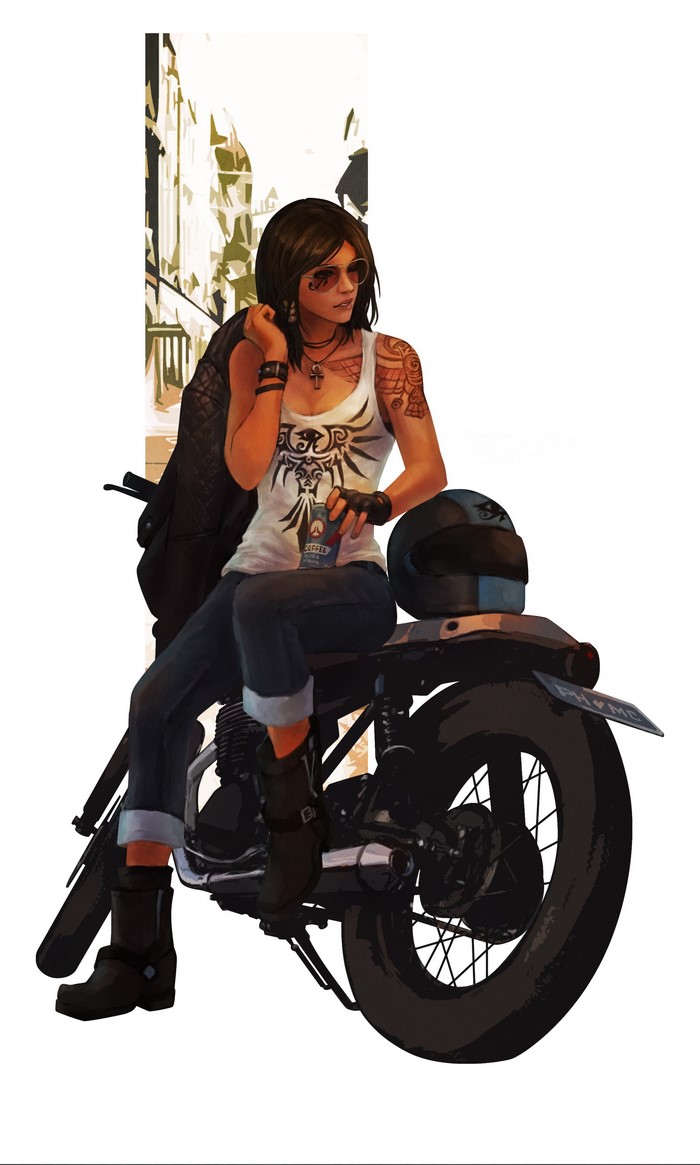 Woman with tattoos and sunglasses on a motorcycle