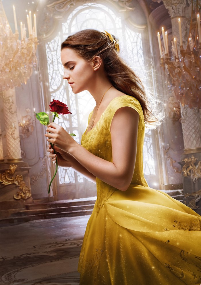 Emma Watson as Belle from Beauty and the Beast holding a rose