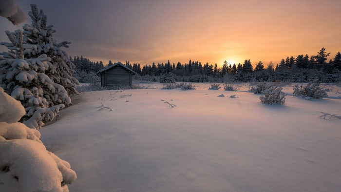 Winter sunset over snowy landscape with cabin in Finland