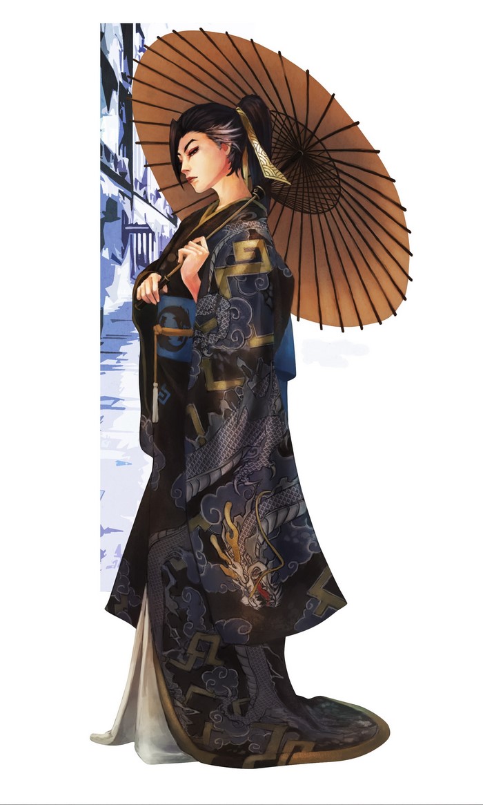 Woman in Kimono holding an umbrella