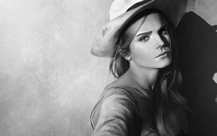 Emma Watson wearing a cowboy hat, black and white painting