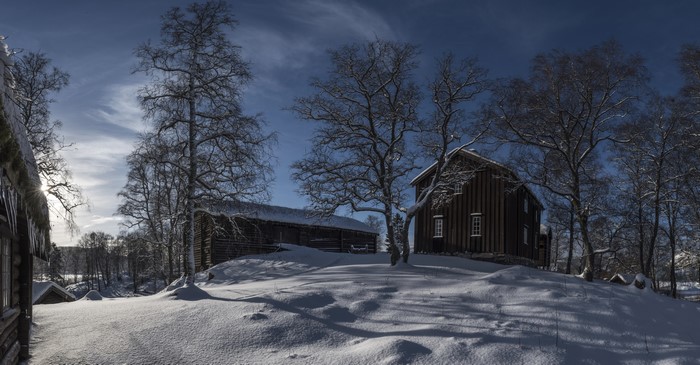 Winter evening in Nord-Trondelag, Norway with snow-covered houses and trees
