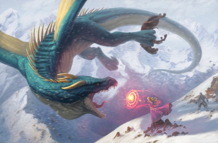 Dragon fighting a wizard and warrior in a snowy mountain landscape