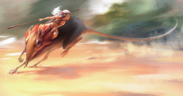 Warrior riding a magical creature with a spear