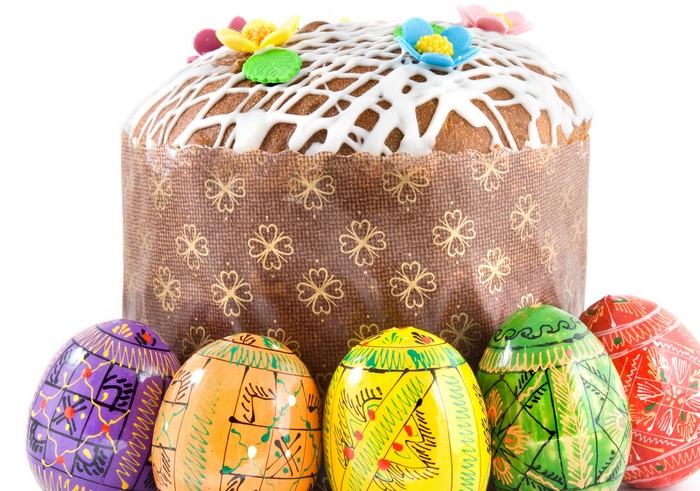 Easter Kulich cake with decorated eggs