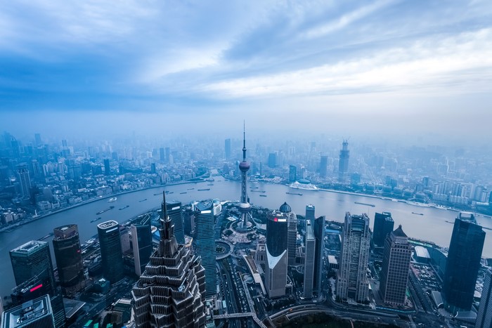 Shanghai skyscrapers and Oriental Pearl Tower from above