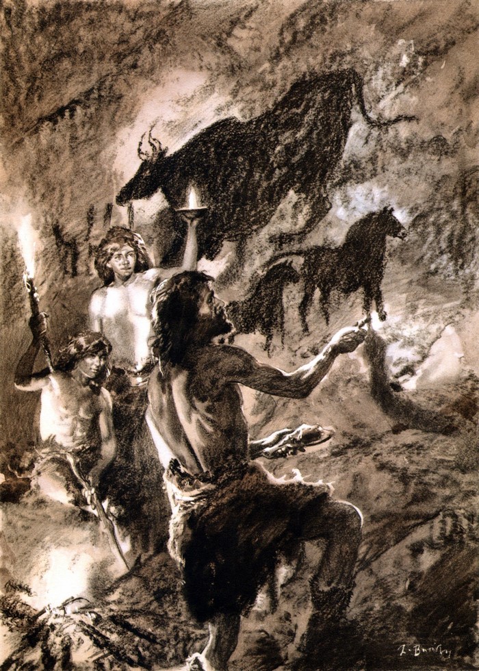 Cave painting by Zdenek Burian with prehistoric men