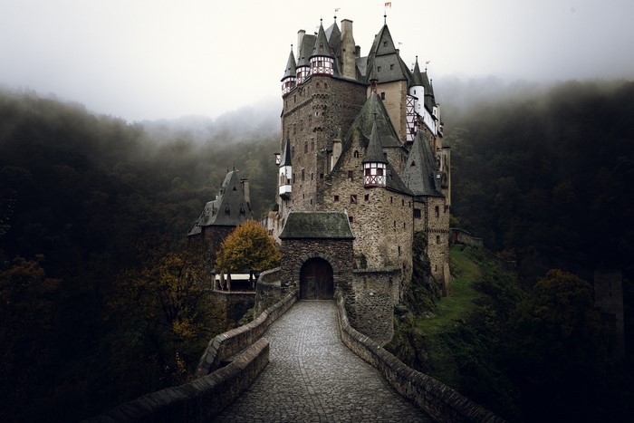 Eltz Castle in Germany on a foggy day