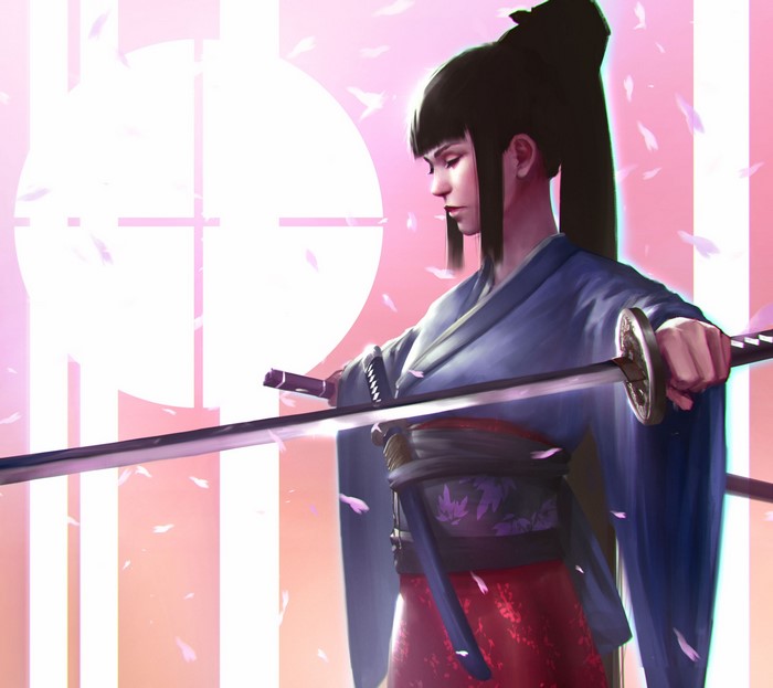 Samurai woman in kimono holding two swords