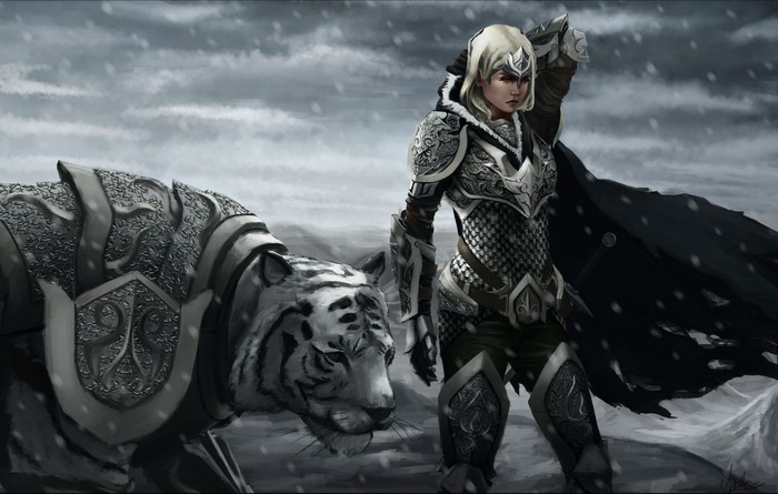 Warrior with white tiger in snowy landscape