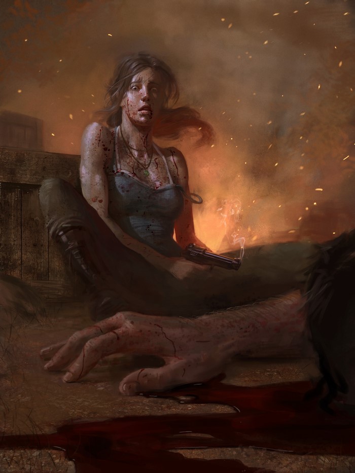Lara Croft from Tomb Raider 2013 with pistol and blood