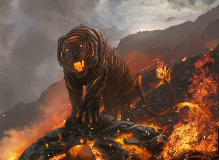Tiger made of lava and fire in a volcanic landscape