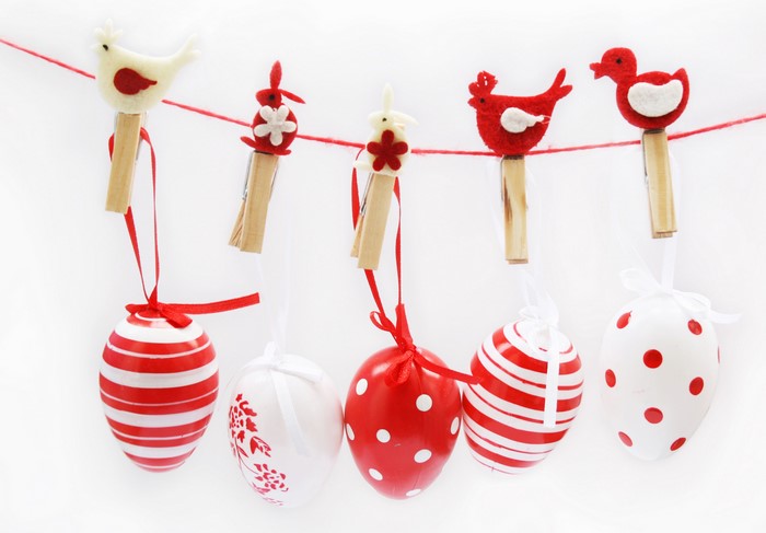 Easter decorations: birds, rabbits, and eggs on a string