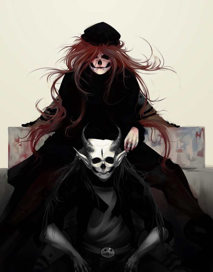 Two demons with skull masks and horns