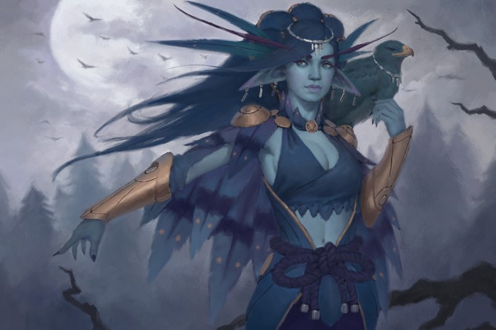 Elf woman with falcon under the moon