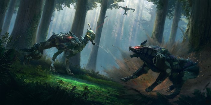 Two robotic creatures fighting in a forest