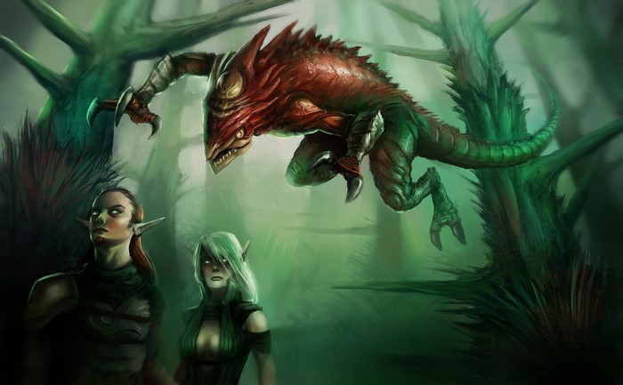 Monster attacking elves in a forest