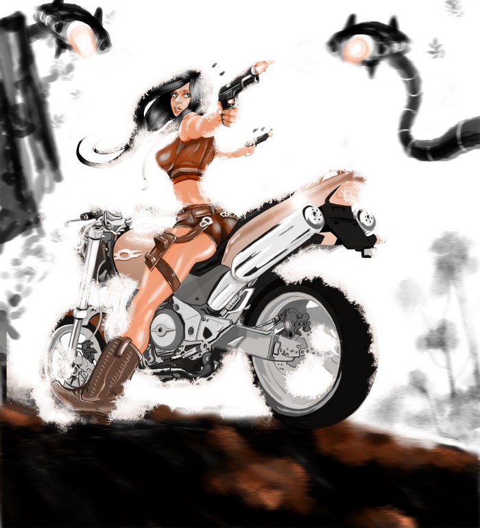 Woman riding a motorcycle and firing pistols