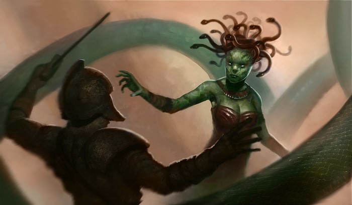 Medusa fights a warrior with a sword
