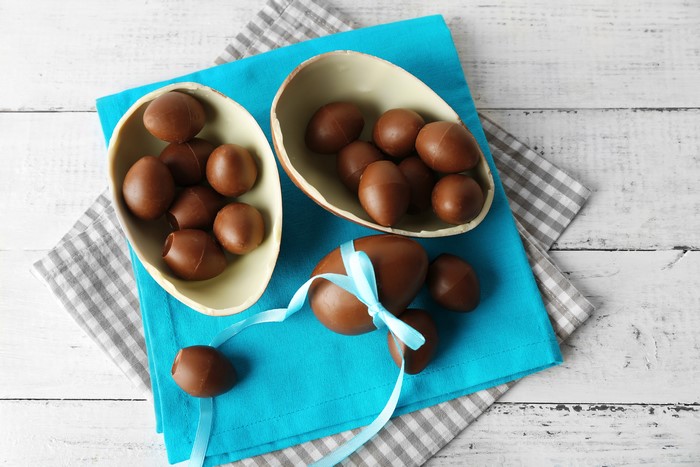 Easter Chocolate Eggs on Wooden Planks