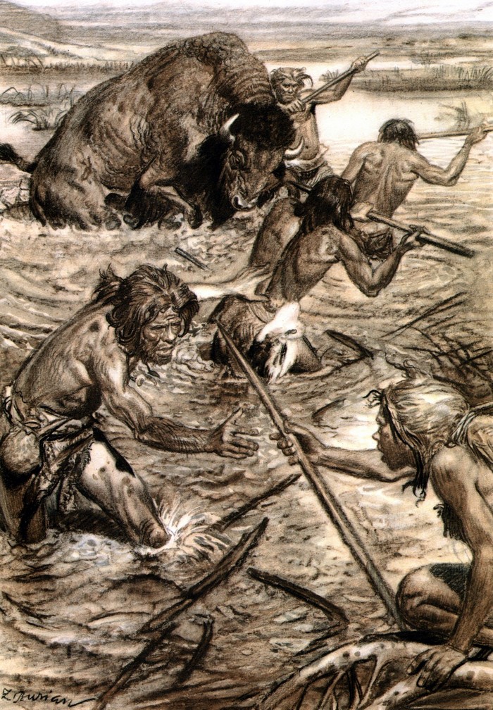 Prehistoric hunters spear a bison in a river