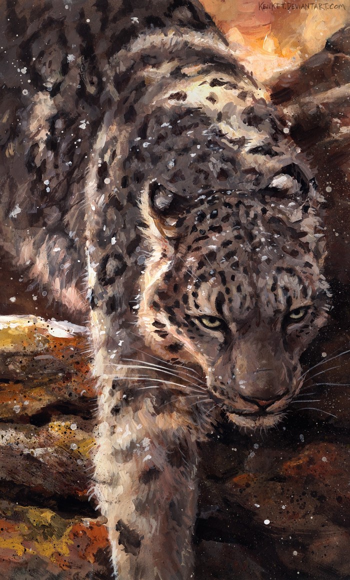 Painting of a snow leopard walking