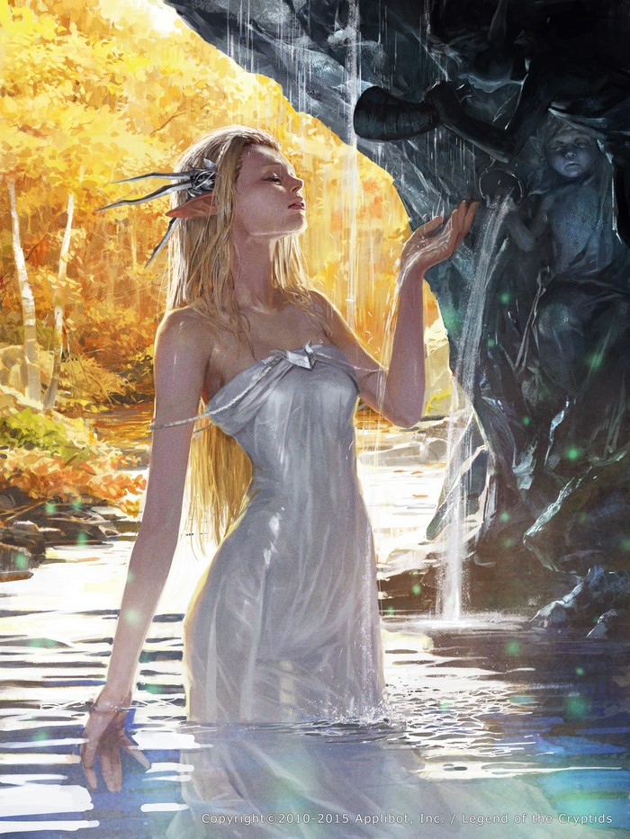 Elf in a white dress in a waterfall, Legend of the Cryptids