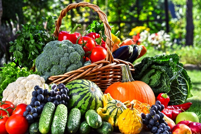Assortment of Fresh Vegetables and Fruits in a Basket