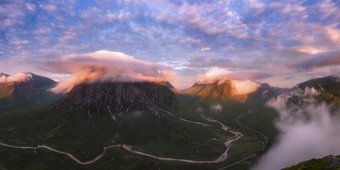 Glen Coe Scotland Mountains with Clouds at Sunset