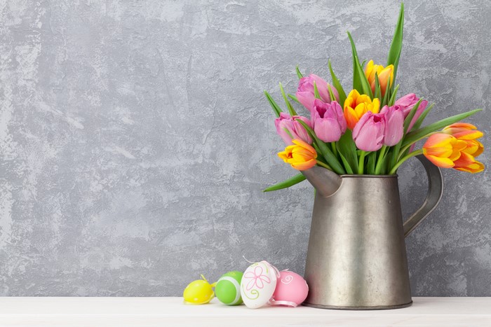 Easter Tulips in a Jug with Eggs