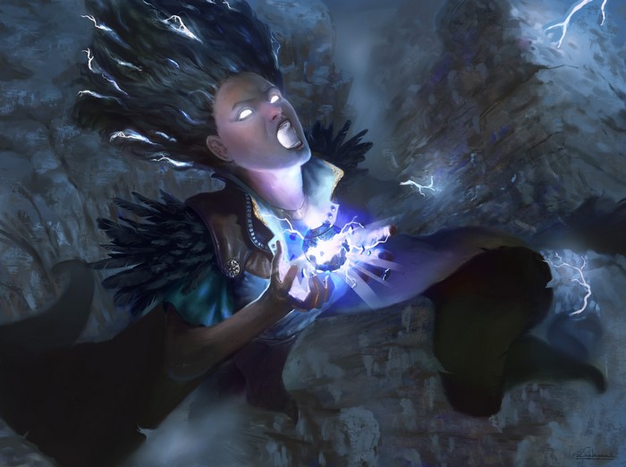 Woman casting lightning magic in a rocky canyon