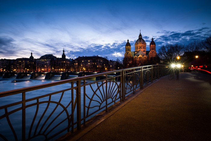 4K Munich Germany Evening Bridge Fence Street Lights