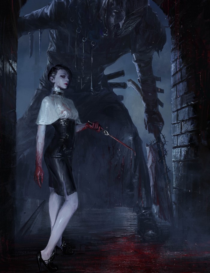 Woman with Knife and Giant Monster in Alley