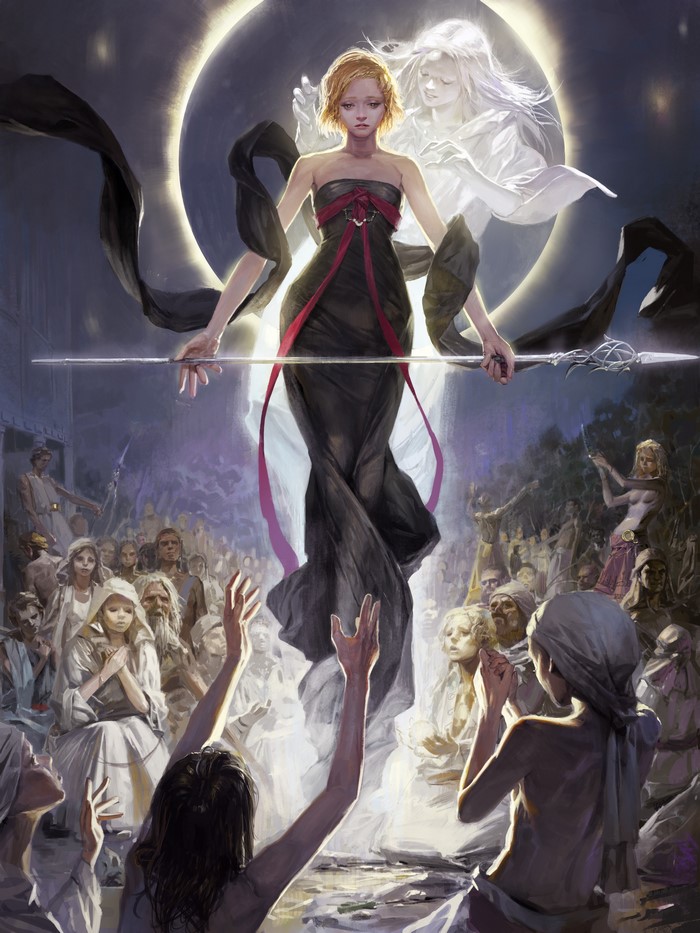 Woman with Spear and Ghost in front of Crowd