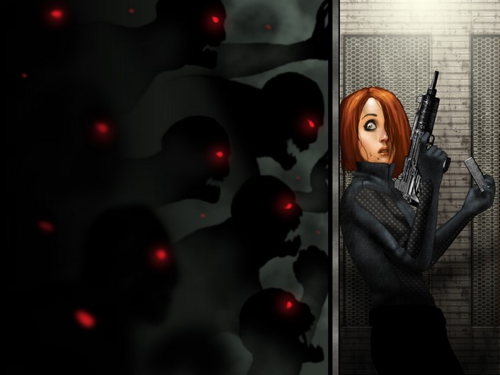 Redhead woman with gun facing zombies